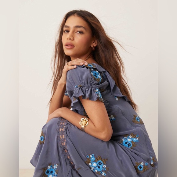 NWOT Free People Blue Embroidered Floral Maxi Dress - Picture 3 of 7